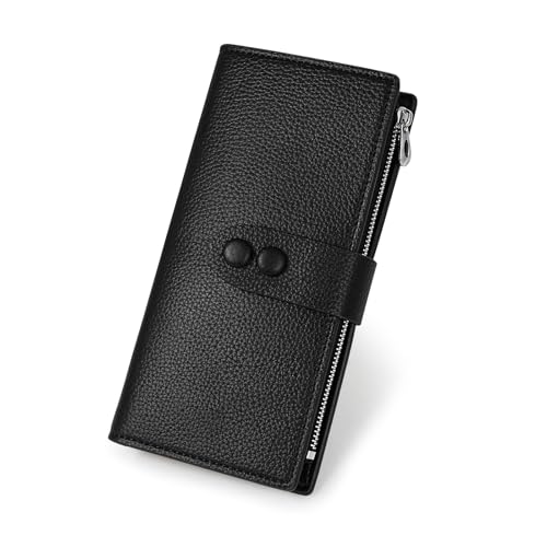 MultiValue Herren Geldbörse, Lange Leder Große Kapazität Multi Card Wallet mit Verschluss und Reißverschluss Einfarbig Faltbare Multifunktionale Lange Clutch für Mädchen und Frauen, Schwarz von MultiValue