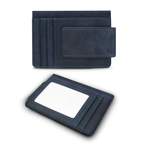 MultiValue Kartenetui Geldbörse für Herren, Schlank RFID-Blocker Geldbeutel Kreditkartenetui mit ID Fenster Leder Magnetische Geldklammer (Blau) von MultiValue