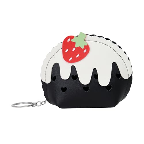 MultiValue Münzbörsen, Leder Kleine Geldbörse Damen Erdbeer-Eiscreme Niedlich Schlüsseletui mit Schlüsselring Mini Geldbeutel mit Reißverschluss Kleingeldbörse für Mädchen Ehefrau Mutter (C, Schwarz) von MultiValue