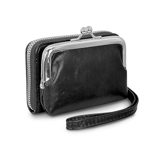 MultiValue Portemonnaie Damen, 2 in 1 Große Kapazität Kreditkartenetui Münzbörsen mit Handschlaufe Trennbar Reißverschluss Damen Geldbörsen (Schwarz) von MultiValue