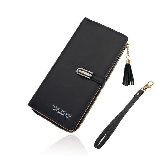 MultiValue Portemonnaie Damen, Leder Damen Geldbörse Mittelgroß mit Reißverschluss Leder Portemonnaie Damen Große Kapazität für Mädchen Damen (Schwarz) von MultiValue