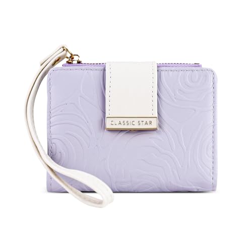 MultiValue Portemonnaie Damen, Leder Geldbörse mit Rosentextur, Kleines Kartenetui Geldbeutel mit Handgelenkband und Reißverschluss-Münztasche (Lila) von MultiValue