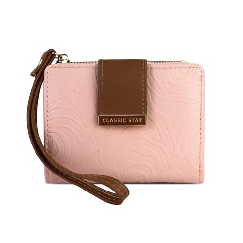 MultiValue Portemonnaie Damen, Leder Geldbörse mit Rosentextur, Kleines Kartenetui Geldbeutel mit Handgelenkband und Reißverschluss-Münztasche (Rosa) von MultiValue