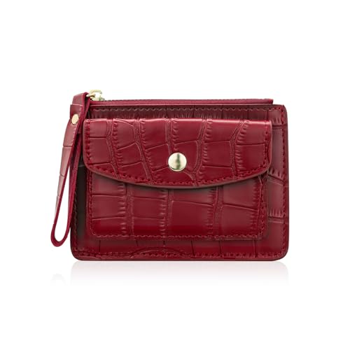 MultiValue Schlank Geldbörse Kartenetui, Leder Kartenetui mit Münzfach Karten Portemonnaie Fits Front Tasche Reißverschluss Kartenetui Damen mit Druckknopftasche (Tiefrot) von MultiValue