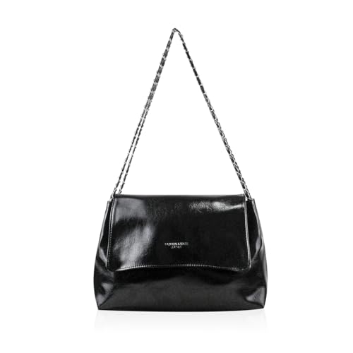 MultiValue Umhängetasche Damen, Premium Unifarben Tasche Damen Leder Handtasche Damen mit Knopf und Reißverschluß (Schwarz) von MultiValue