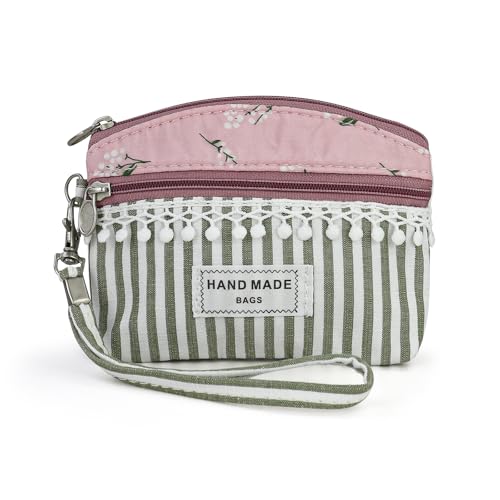 Multivalue Mini-Münzgeldbörse, Stoff-Münztasche mit Reißverschluss, Handgelenkschlaufe, niedliche Geldbörse für Mädchen und Frauen, zum Aufbewahren von Münzkarten, Pink, Retro von MultiValue