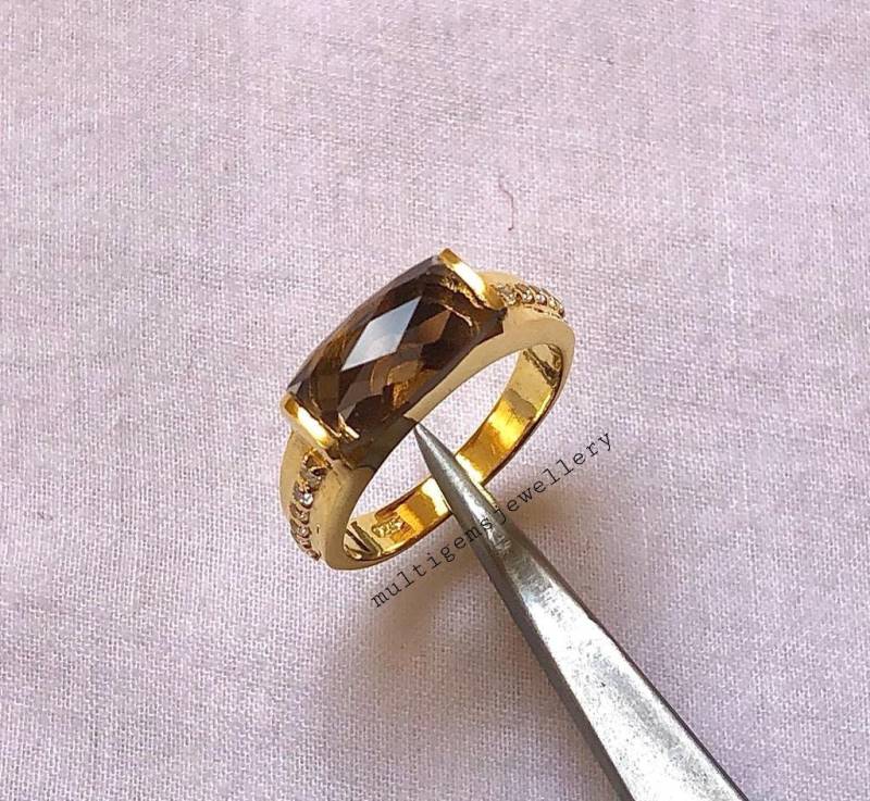 Rauchquarz-Kissen Geschliffener Edelstein-Silberring in 925 Sterlingsilber Vergoldetem Ring/Verlobungsring Weihnachten Und Neujahr Ring von Multigemsjewellery