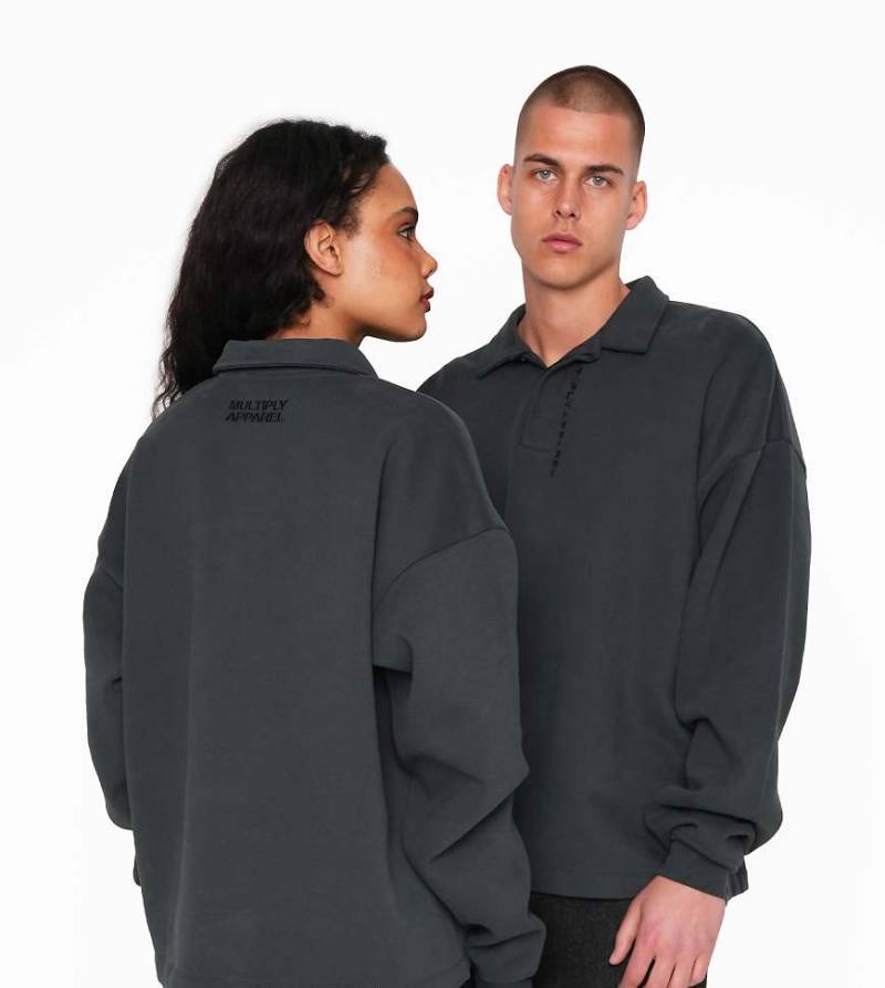 Multiply Apparel - Chukker - Oversize-Sweatshirt in Schwarz mit Polo-Kragen von Multiply Apparel