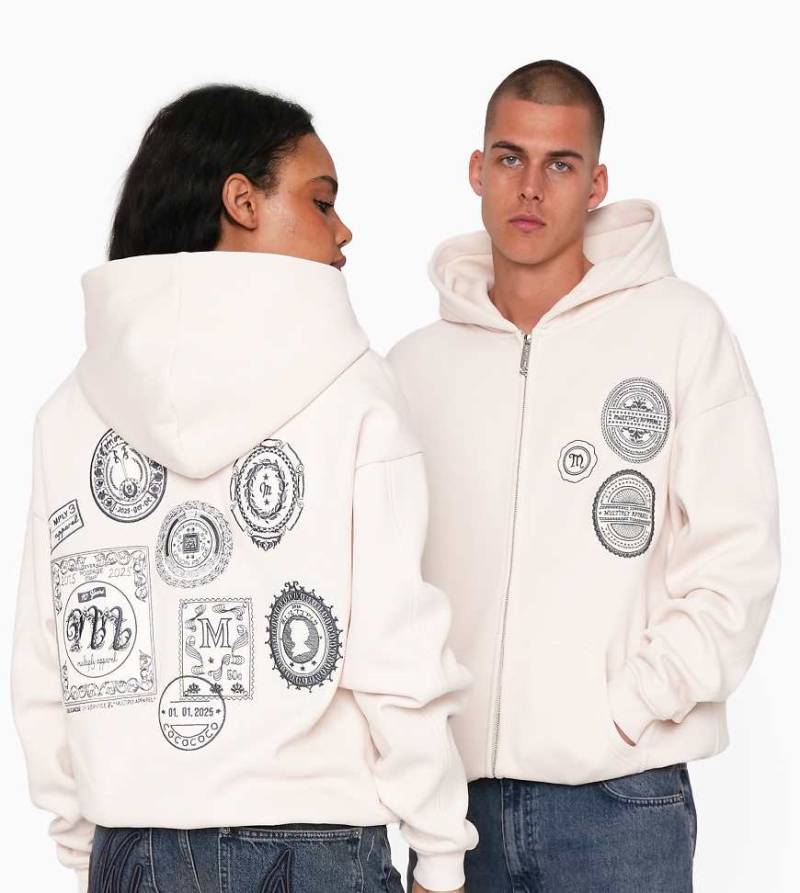Multiply Apparel - Oversize-Kapuzenjacke in Wollweiß mit Briefmarken-Prints von Multiply Apparel