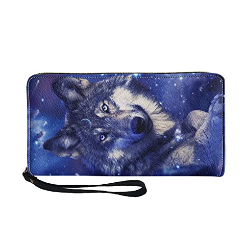 Mumeson Damen Luxus Leder PU Lange Geldbörse mit Handgelenk Casual Clutch Geldbörse Reißverschluss um Kleine Handtasche, wolf, Einheitsgröße, Casual von Mumeson