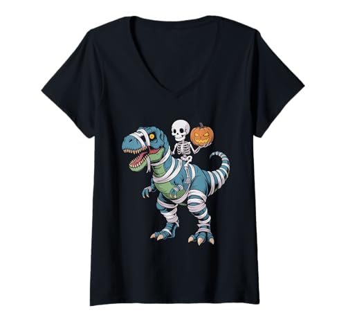 Damen Trex Mummy Skelett Tyrannosaurus Halloween T-Shirt mit V-Ausschnitt Damen Trex Mummy Skelett Tyrannosaurus Halloween T-Shirt mit V-Ausschnitt von Mummified Dinosaurs for KIds