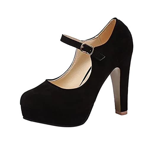 Mumuj Arbeit Business Formal Gericht Schuhe für Frauen Geschlossene Zehe Riemchen Schwarz Plattform Stiletto Heels Sandalen Hochzeit Party Tanz Schuhe Runde Zehe Mode High Heels (Schwarz, 37) von Mumuj