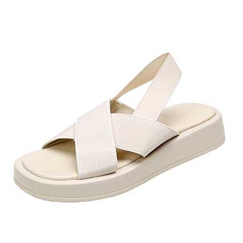 Mumuj Badelatschen Pantoletten Damen Mit Fussbett einfarbige Stretch-Stoffriemen lässige leichte Plateausandalen Sandalen Damen Schuhe Damen Sommer (Beige, 42) von Mumuj