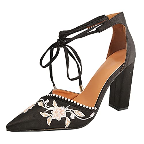 Mumuj Block Heel Pointed Embroidery Flower Strappy Heels Sandalen für Frauen Lace up Sandalen Square Chunky High Heels Gericht Kleid Schuhe Plattform Heels (Schwarz, 41) von Mumuj