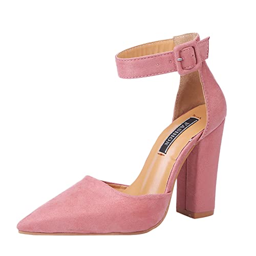 Mumuj Block Schnalle Sandalen Plattform Chunky Heels für Frauen Srtappy Solid Pointed Fashion Heels Tanz Party Kleid Schuhe Farbe Frauen Absatz Frauen Sandalen (Rosa, 38) von Mumuj