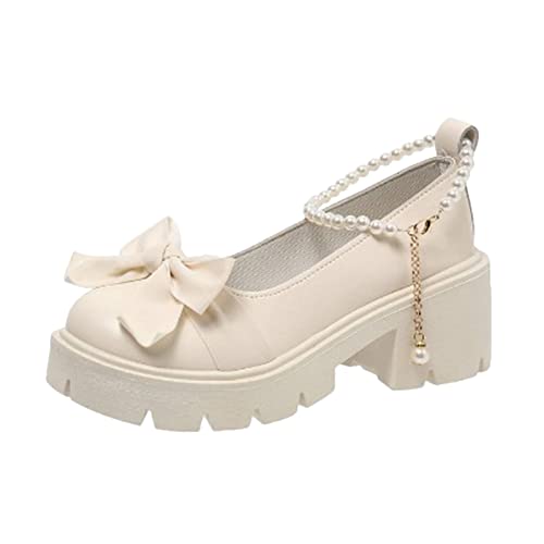 Mumuj Damen Block Kitten Chunky Low Heel Geschlossene Zehe Schuhe Bow Pearl Strappy Mary Jane Plattform Leder Schuhe Sandalen High Heels Solid Farbe Hochzeit Party Schuhe von Mumuj