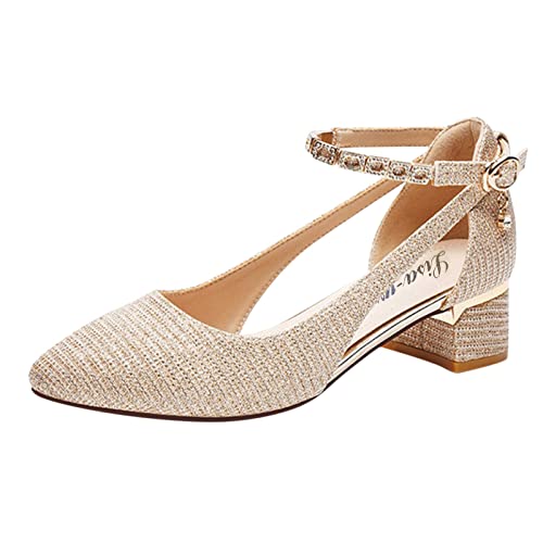 Mumuj Damen Chunky Plattform Strappy Low Heels für Frauen Hochzeitsschuhe für Braut Sommer Shallow Heel Gericht Schuhe für Frauen Mund Metall Dekoration Schnalle Frauen Pumpen (Gold, 39) von Mumuj