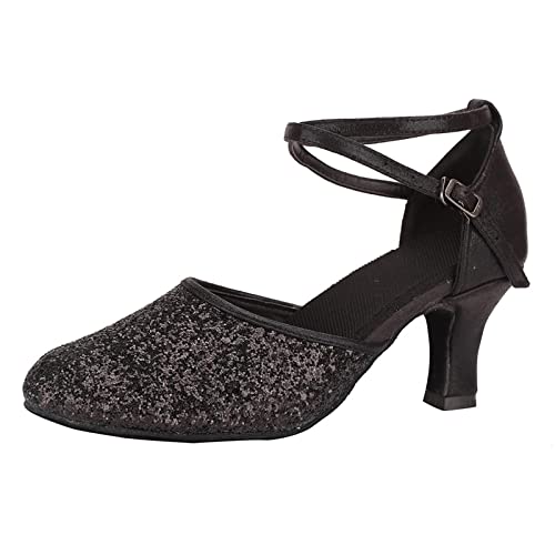 Mumuj Damen Latein Tanz Chunky Riemchen Plattform Heels für Damen Sparkly Sandalen Heels Gericht Formanl Hochzeit Arbeit Party Schuhe Slingback Kitten Heel Schuhe Backless Heels (Schwarz, 38) von Mumuj