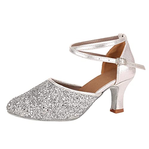 Mumuj Damen Latein Tanz Chunky Riemchen Plattform Heels für Damen Sparkly Sandalen Heels Gericht Formanl Hochzeit Arbeit Party Schuhe Slingback Kitten Heel Schuhe Backless Heels (Silber, 41) von Mumuj