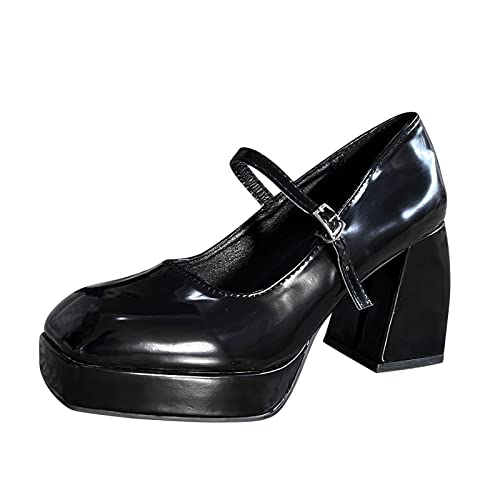 Mumuj Damen Mode Mary Jane Chunky Plattform Schuhe Leder Geschlossene Zehe Party High Heel Schuhe Vielseitig Plattform Quadrat Kopf Dicke Hohe Dicke Ferse Schuhe (Schwarz, 39) von Mumuj
