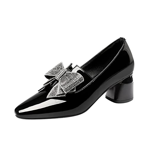 Mumuj Damen Schleife Diamante Pumpen Block Heel Pointed Closed-Toe Court Schuhe Plattform Heels Party Kleid Hochzeit Arbeit Schuhe Slip on Outdoor Casual Schuhe (Schwarz, 39) von Mumuj