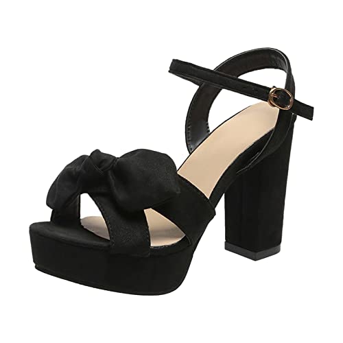 Mumuj Damen Schleife Riemchen Schnalle Schuhe Chunky Plattform Heels Sommer Casual Sandalen Kleid Party Hochzeit Schuhe Band Fisch Mund Hohle Dicke High Heel Sandalen (Schwarz, 38) von Mumuj