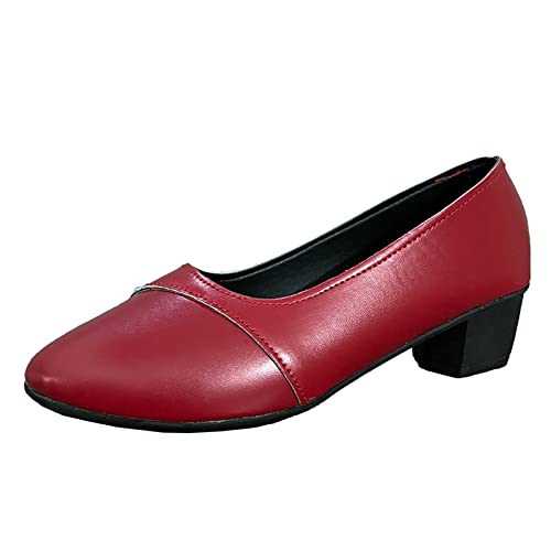 Mumuj Damen Square High Chunky Leder Heel Courts Arbeit Schuhe Damen Pumps Loafer Slip on Solid Farbe Casual Schuhe Kitten Heels (Rot, 37) von Mumuj