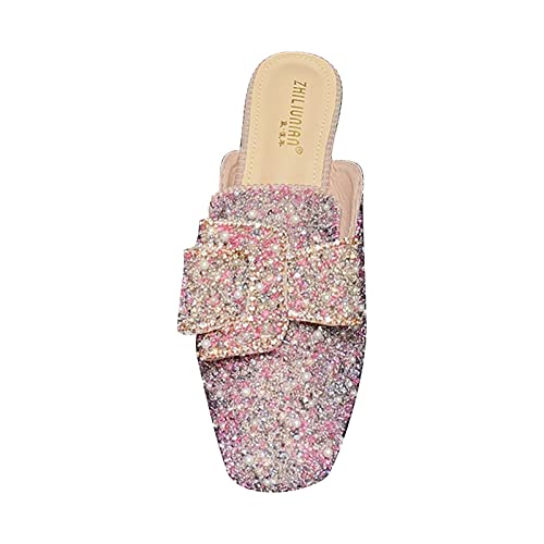 Mumuj Flip Flops Damen Glitzer Herren Badeschlappen Mode und Damenschuhe Niedriger Absatz Flachkopf Strass Bunte Druck Halbhausschuhe Schuhe Damen Clogs Mit Fußbett Flip Flops Damen Weiß (Pink, 41) von Mumuj