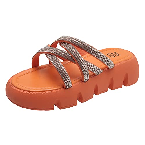 Mumuj Hausschuhe Damen Sommer Wolkenschuhe Damen Frauen Hausschuhe Mode Muster Mode Einfarbig Strass Dekorative Offene Zehe Runde Zehe Dicke Sohle Bequeme Schuhe Flip Flop Damen Latschen (Orange, 38) von Mumuj