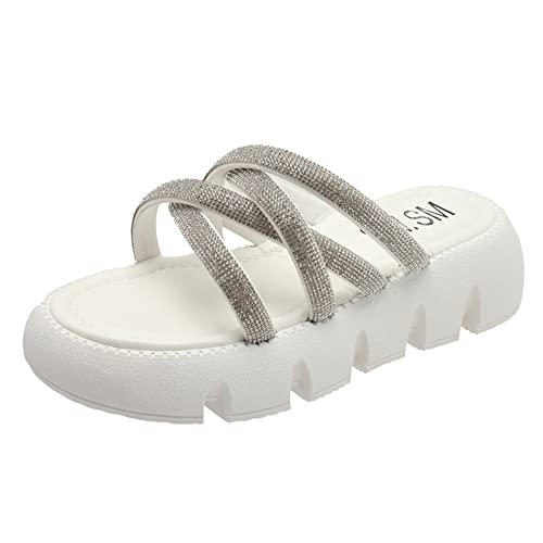 Mumuj Hausschuhe Damen Sommer Wolkenschuhe Damen Frauen Hausschuhe Mode Muster Mode Einfarbig Strass Dekorative Offene Zehe Runde Zehe Dicke Sohle Bequeme Schuhe Flip Flop Damen Latschen (White, 38) von Mumuj
