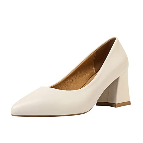 Mumuj Ladies British Solid Color Leder Pointed Thick High Heeled Chunky Heels Court Shoes Party Tanzschuhe Hochzeitsschuhe Casual Single Schuhe Mid Heel Mary Jane Schuhe (Beige, 40) von Mumuj