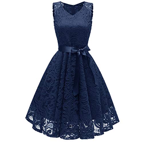 Mumuj Mädchen A Linien Festlich Konfirmationskleider Frauenkleider Spitze Party Elegantes Abendkleid Damskie Rotes Jerseykleid Mädchen Floral (Navy, S) von Mumuj