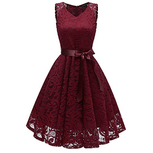 Mumuj Mädchen A Linien Festlich Konfirmationskleider Frauenkleider Spitze Party Elegantes Abendkleid Damskie Rotes Jerseykleid Mädchen Floral (Wine, L) von Mumuj