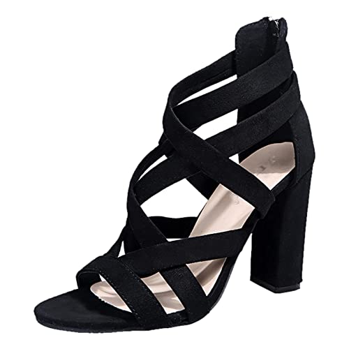 Mumuj Offene Zehe Kreuz Riemchen Sommer Sandalen Platz Block Plattform Heels Frauen Atmungsaktiv Casual Sandalen Reißverschluss Heels Mode Frauen Tanz Kleid High Heels (Schwarz, 39) von Mumuj