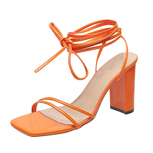 Mumuj Sommer Knöchel Riemchen High Heels Für Frauen Damen Offene Zehe Plattform Solide Farbe Chunky Leder Heels Gericht Schuhe für Frauen Hochzeit Brautschuhe Slingback Backless Schuhe (Orange, 38) von Mumuj