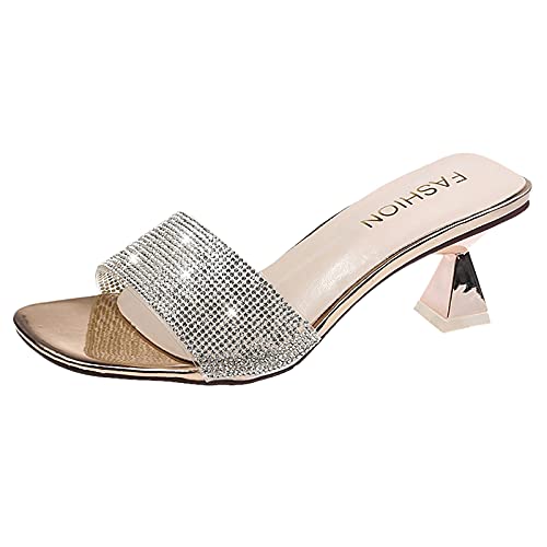 Mumuj Sommer Sparkly Block Low Platform Heels Sandalen für Frauen Peep Toe Chunky Gericht Arbeit Heel Schuhe Diamante Sandalen Damen Party Hochzeit Silber Schuhe (Gold, 38) von Mumuj