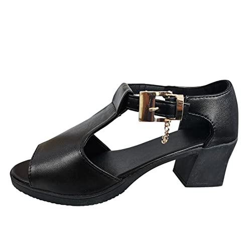 Mumuj Square Chunky Heel Leder Schnalle Riemen Fischmaul Sandalen für Damen Diamante Sandalen Damen Pumps Seite leer atmungsaktive Schuhe Slip on Sandalen (Schwarz, 40) von Mumuj