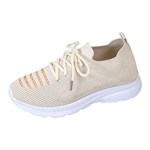Mumuj Weiße Turnschuhe Weiße Stoffschuhe Damen Mode Frühling und Damen Sportschuhe Flacher Boden Leichte Fliege Gewebtes Mesh Atmungsaktiv Gestickte Streifen Schnüren Toride Schuhe Damen (Beige, 39) von Mumuj