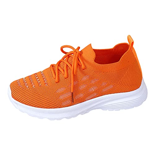 Mumuj Weiße Turnschuhe Weiße Stoffschuhe Damen Mode Frühling und Damen Sportschuhe Flacher Boden Leichte Fliege Gewebtes Mesh Atmungsaktiv Gestickte Streifen Schnüren Toride Schuhe Damen (Orange, 37) von Mumuj