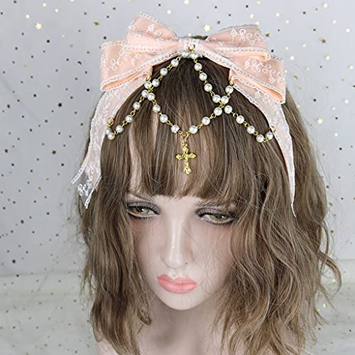 Haarband für Damen, Spitzenschleifen, Kopfschmuck, mehrschichtige Spitzenschleife mit Perlenkette, große Schleife, Stirnband, Dienstmädchen, Anime, Haarschmuck von Mumuve