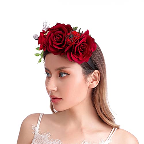 Haarband für Damen, handgefertigter Rosen-Totenkopf-Kopfschmuck, Blumenschädel-Stirnband für Halloween, Party, Weihnachten, für kreative Gothic-Haar-Accessoires von Mumuve