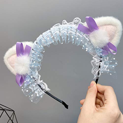 Haarband für Damen, süßes Lolita-Stirnband mit Spitze, Plüsch, Kätzchenohren, Pompon, Schleife, Haarreif von Mumuve