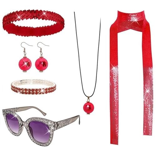 Mumuve 1950er 1960er 1970er 80er Jahre Damen Discos Kostüm Set Lady Discos Zubehör Ohrringe Sonnenbrille Pailletten Stirnband Neacklace Halloween Fasching Kostüm von Mumuve