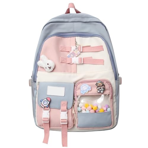 Mumuve Damen Herren Koreanischer bunter Nylon-Rucksack mit transparenter Tasche, Laptoptasche, großes Fassungsvermögen, Schulbuchtasche, blau, As shown in the picture (1-3cm error) von Mumuve