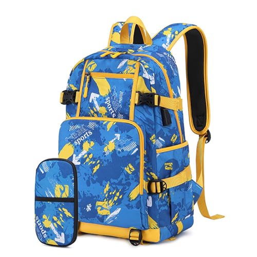 Mumuve Schulranzen Rucksack mit Federmäppchen Set für Jungen und Mädchen Laptoptaschen Große Kapazität Tagesrucksack USB Aufladen, blau, As shown in the picture (error 1-3cm) von Mumuve