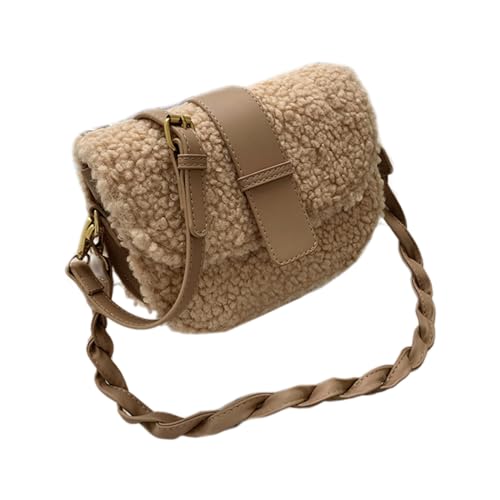 Mumuve Stilvolle Winter-Damen-Umhängetasche, trendig, mit gewebtem Riemen, Plüschtasche, Pendler, Schultertasche für Reisen, khaki, Bottom width 21.5cm height 17cm thickness 9cm von Mumuve