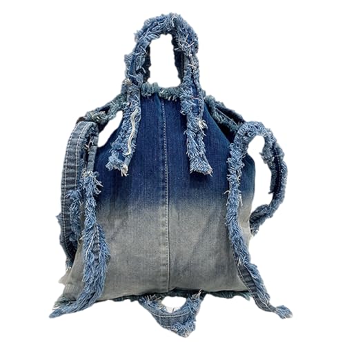Stilvolle Jeans Stoff-Handtasche für Shopping, Arbeit oder Reisen, mit Griff oben, Fransen, gewaschene Denims, Crossbody-Tasche, blau von Mumuve