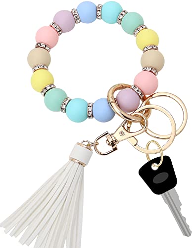 Silikon Schlüsselanhänger Armband für Frauen, Elastische Perlen Armband Schlüsselanhänger Schlüsselhalter mit Zirkon & Quaste für Muttertagsgeschenk, COTTON CANDY, Einheitsgröße von Munchewy