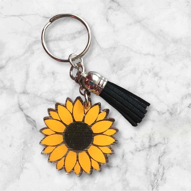 Schlüsselanhänger Sonnenblume Glitzernde Schwarze Mitte, Kunstleder Quaste Schlüsselanhänger Sonnenblume Glitzernde Schwarze Mitte, Kunstleder Quaste von MunchkinAndSweetPea