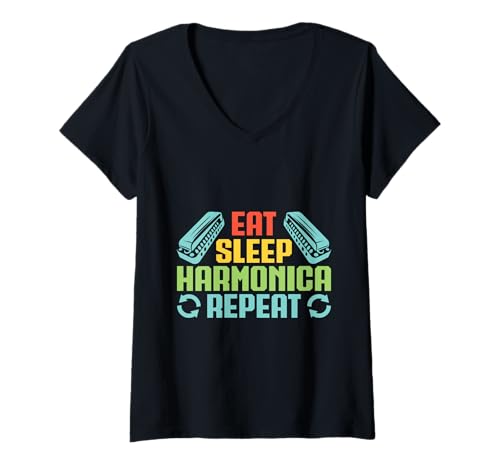 Damen Lustiger Mundharmonika Spieler Eat Sleep Repeat T-Shirt mit V-Ausschnitt Damen Lustiger Mundharmonika Spieler Eat Sleep Repeat T-Shirt mit V-Ausschnitt von Mundharmonika Geschenke Für Mundharmonika Musiker
